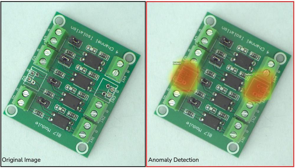 Circuito stampato: a sinistra l'immagine originale, a destra la mappa di Anomaly Detection che evidenzia in rosso due aree anomale